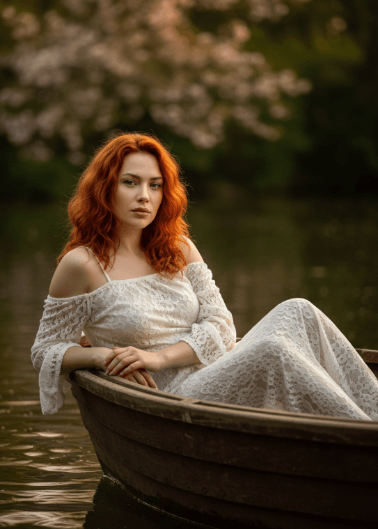 Рыжеволосая женщина в белом кружевном платье сидит в лодке на спокойном озере