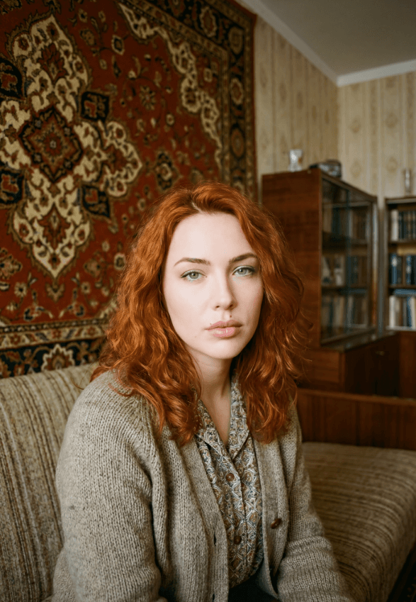 Рыжеволосая женщина на диване, винтажная комната с ковром на стене