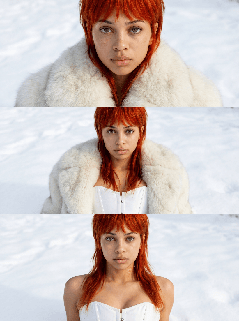 Триптих-портрет рыжеволосой женщины в меховом пальто и корсете на снегу