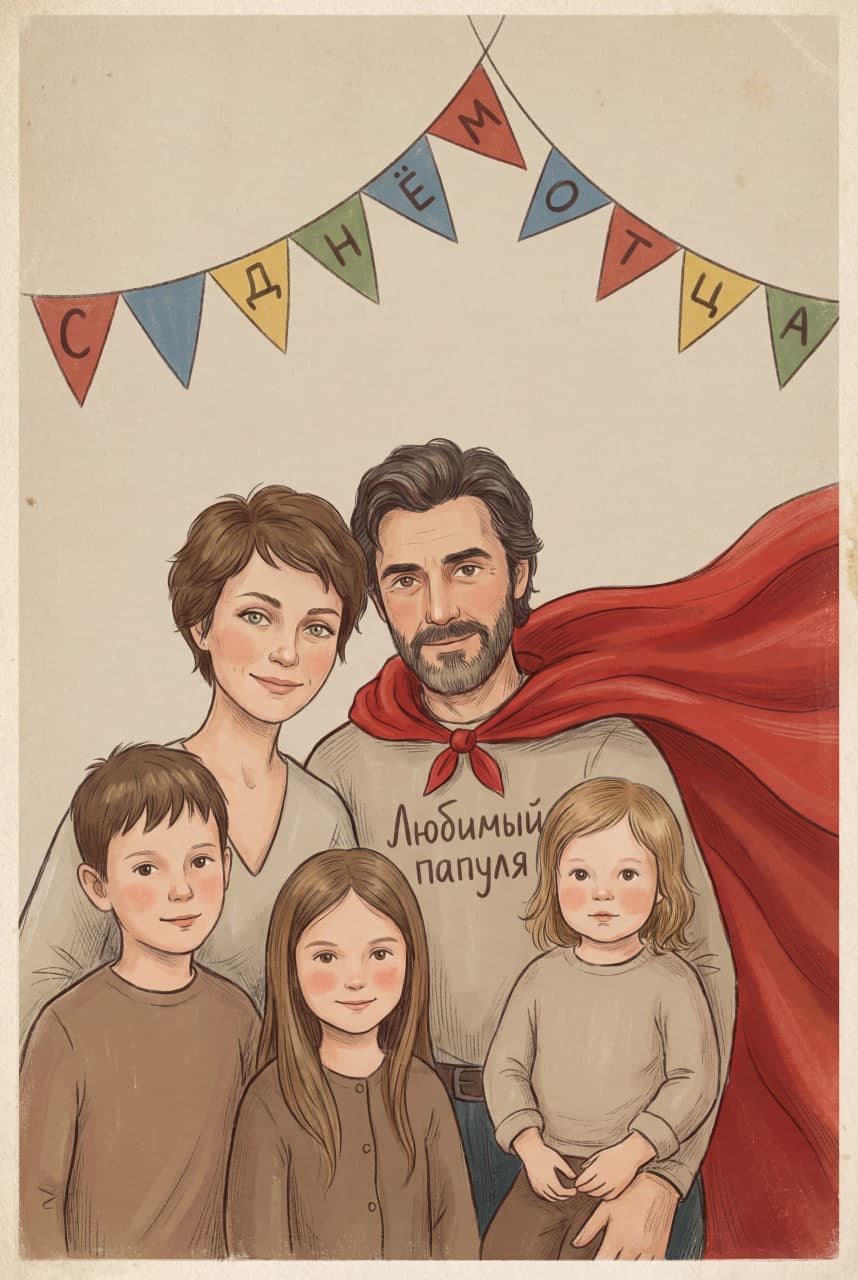 Иллюстрация семьи на День отца: гирлянда по-русски, папа в плаще.