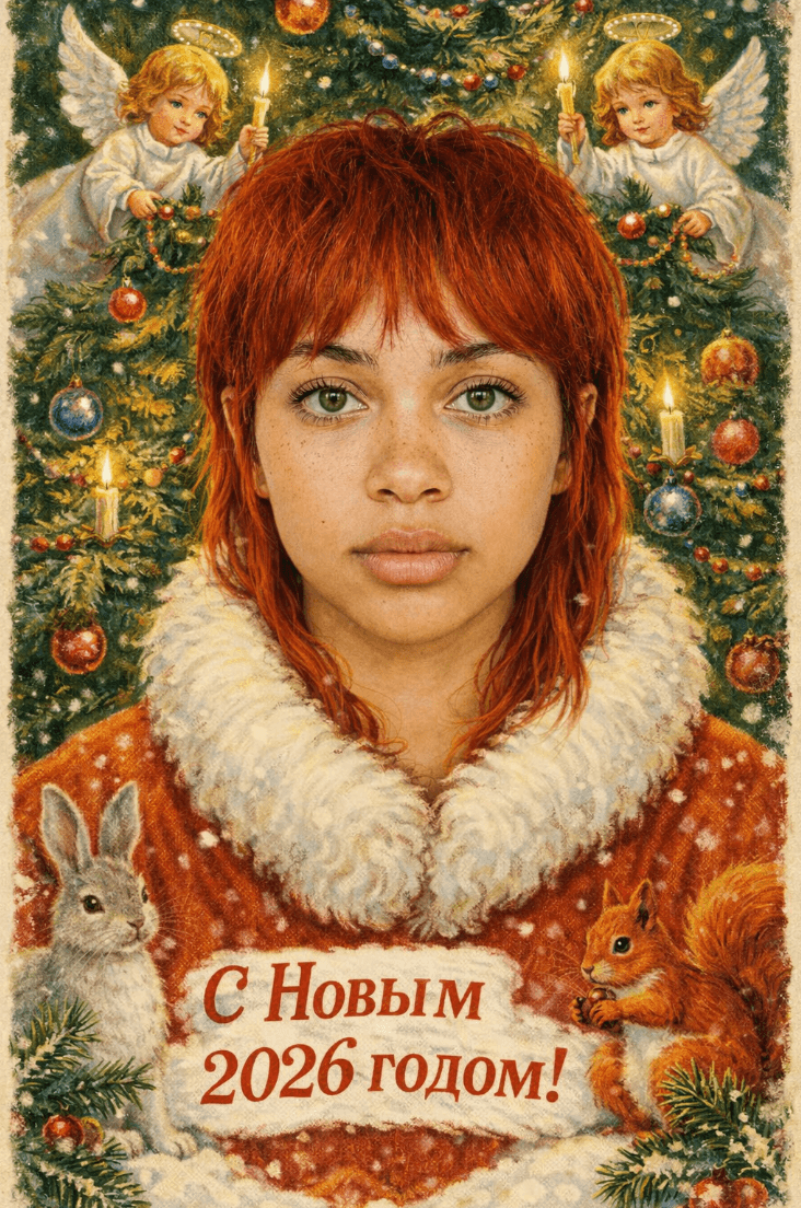 Рыжеволосый человек в меховой накидке у ёлки, с Новым 2026 годом.