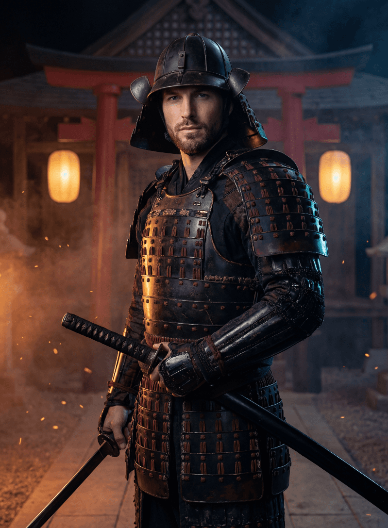 Самурай в традиционных доспехах с катаной у японского святилища ночью