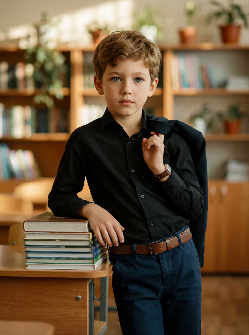 Школьник в чёрной рубашке с пиджаком у стопки книг в классе