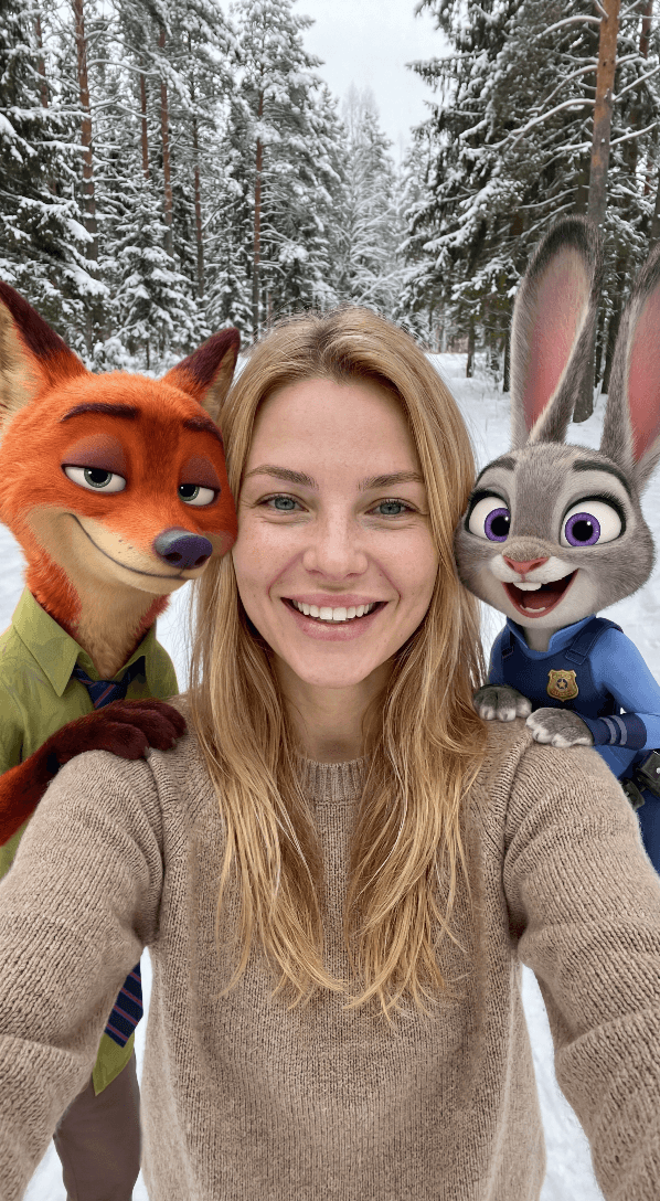 Улыбающаяся девушка делает селфи в снежном лесу с Ником Уайлдом и Джуди Хоппс