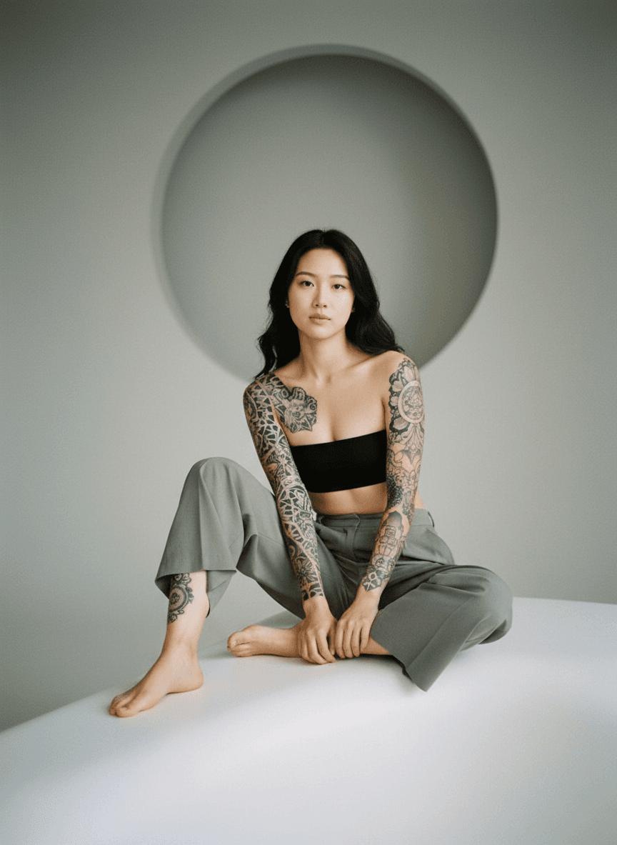Татуированная женщина сидит босиком в минималистичной студии с круглым фоном