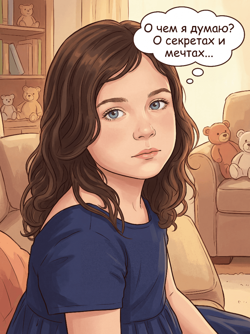 Иллюстрация задумчивой девочки в синем платье среди плюшевых мишек в гостиной