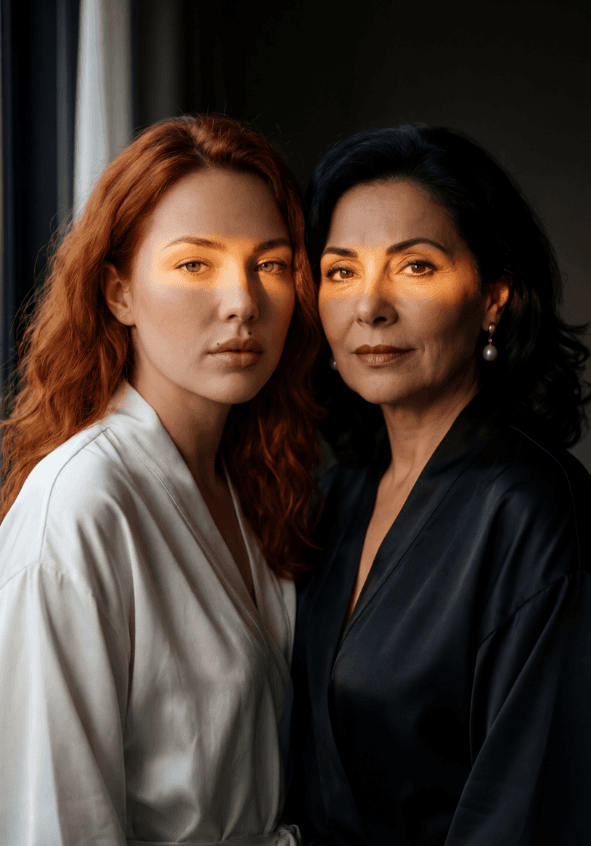 Рыжеволосая молодая женщина и старшая брюнетка в халатах, солнечные блики на глазах.