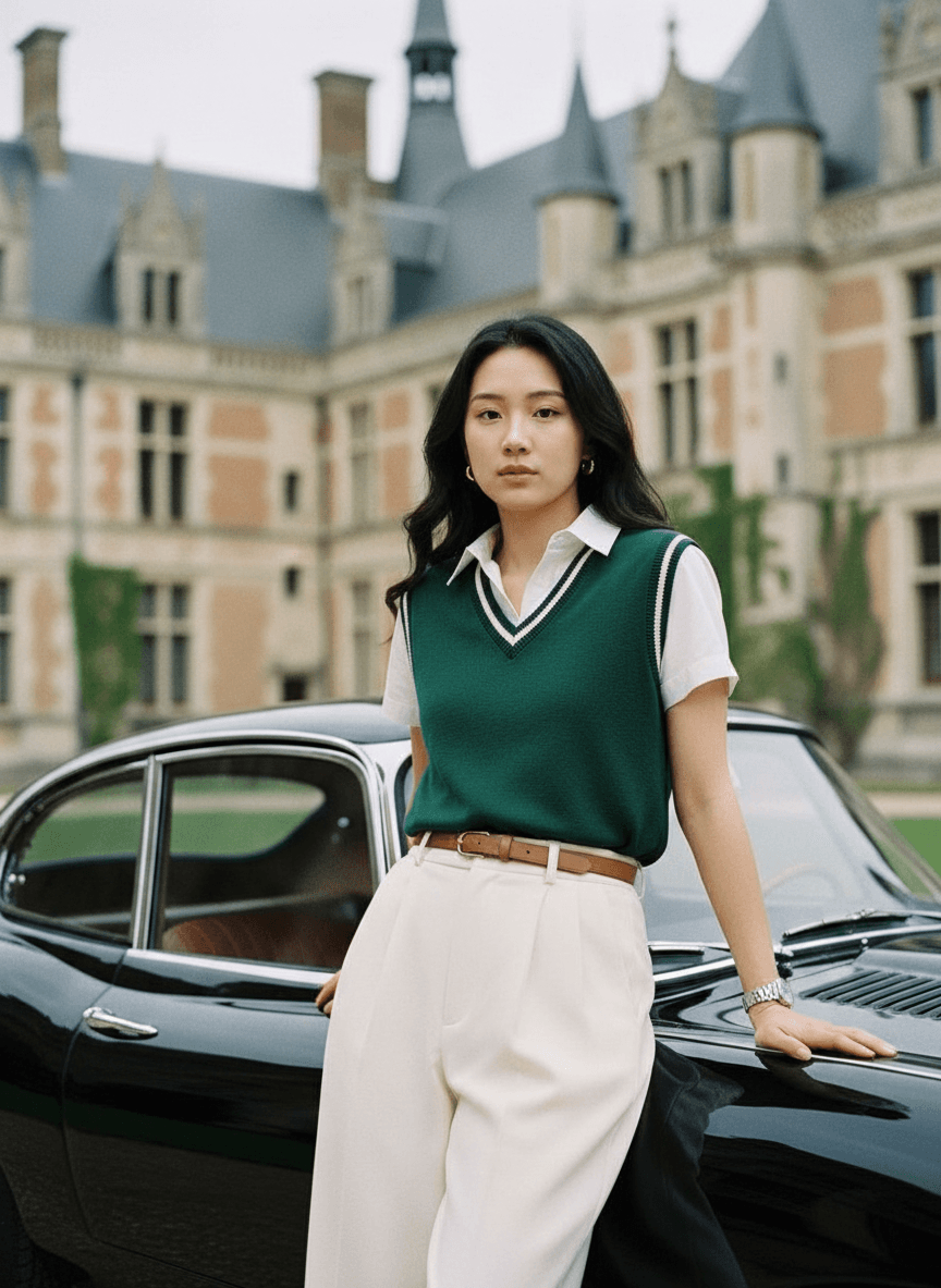 Женщина в зелёном жилете у чёрного ретро автомобиля у особняка