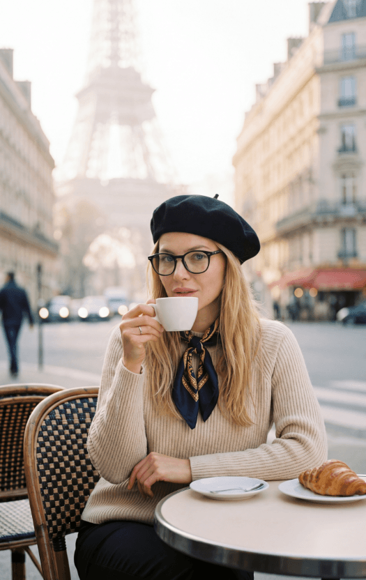 Женщина в берете пьет кофе в парижском кафе, на заднем плане Эйфелева башня