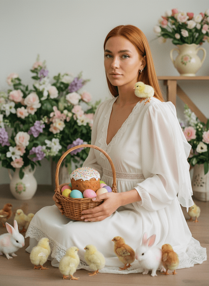 Женщина в белом держит пасхальную корзину с яйцами, цыплятами и кроликами