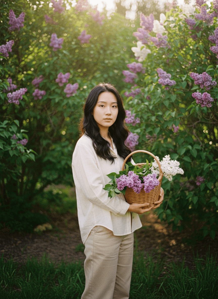 Женщина с плетёной корзиной сирени в солнечном саду