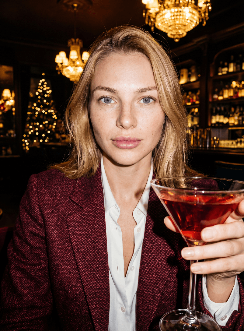 Женщина с красным коктейлем в баре с рождественскими огнями