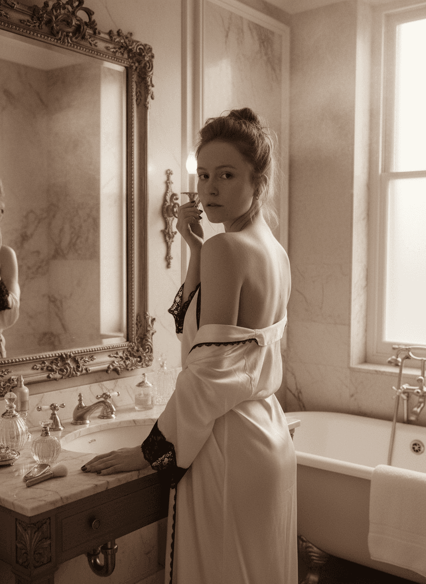 Женщина в атласном халате у резного зеркала в мраморной ванной