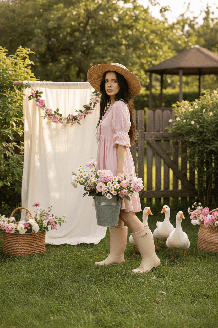 Женщина в соломенной шляпе несет ведро цветов в саду с гусями